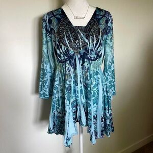 One World Apparel - Blue Floral 3/4 Sleeve Asymmetrical Bohemian Tunic Fairy Top